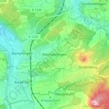 Mapa topográfico Kleinbettlingen, altitud, relieve