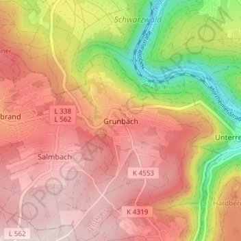 Mapa topográfico Grunbach, altitud, relieve