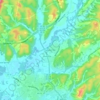 Mapa topográfico Highland Park, altitud, relieve