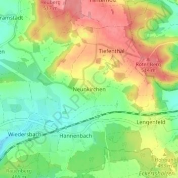 Mapa topográfico Neunkirchen, altitud, relieve