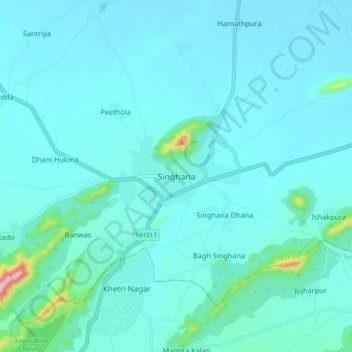 Mapa topográfico Singhana, altitud, relieve