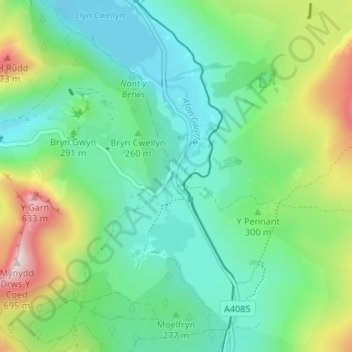 Mapa topográfico Rhyd-ddu, altitud, relieve