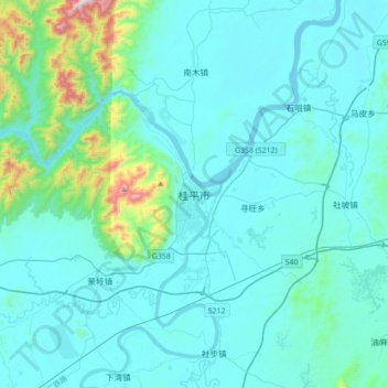 Mapa topográfico 桂平市, altitud, relieve