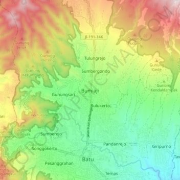 Mapa topográfico Bumiaji, altitud, relieve