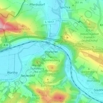 Mapa topográfico Hörschel, altitud, relieve