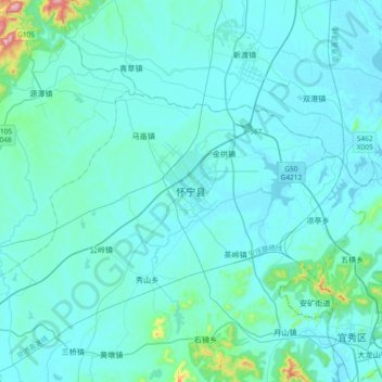 Mapa topográfico 怀宁县, altitud, relieve