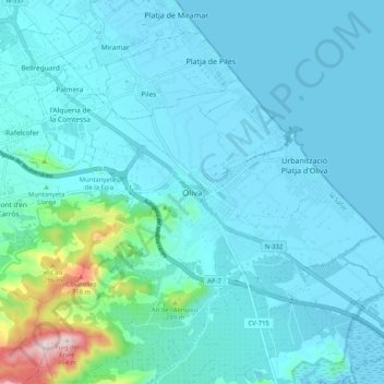 Mapa topográfico Oliva, altitud, relieve