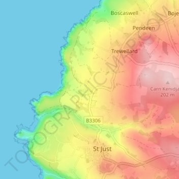 Mapa topográfico Botallack, altitud, relieve