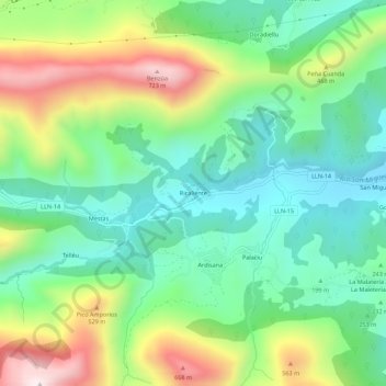 Mapa topográfico Riocaliente, altitud, relieve