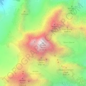 Mapa topográfico Grand Teton, altitud, relieve