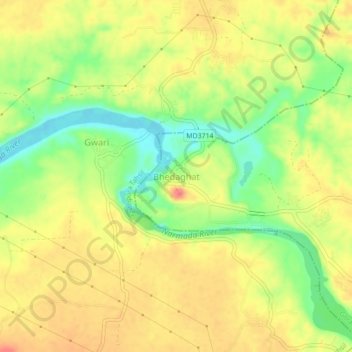 Mapa topográfico Bhedaghat, altitud, relieve
