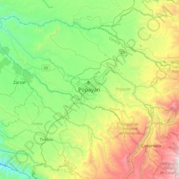 Mapa topográfico Popayán, altitud, relieve