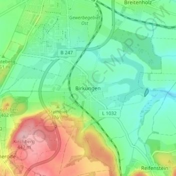 Mapa topográfico Birkungen, altitud, relieve