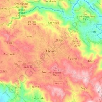 Mapa topográfico Aibonito, altitud, relieve