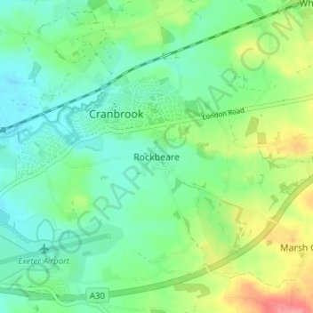 Mapa topográfico Rockbeare, altitud, relieve