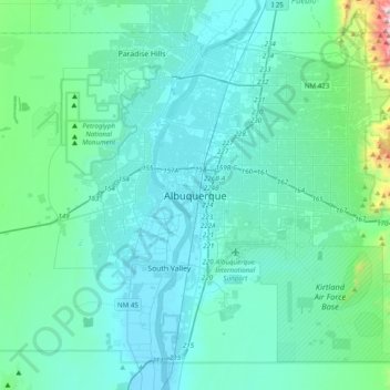 Mapa topográfico Albuquerque, altitud, relieve