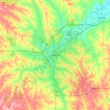Mapa topográfico Lincoln, altitud, relieve