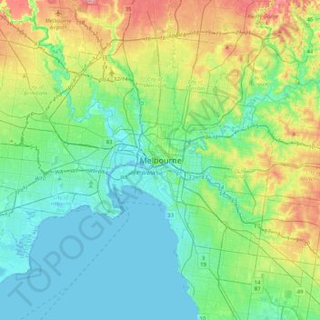 Mapa topográfico Melbourne, altitud, relieve