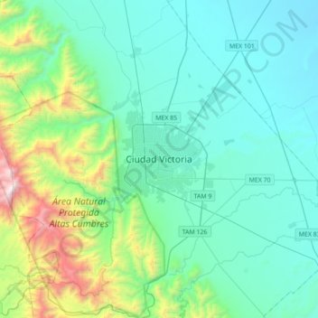 Mapa topográfico Ciudad Victoria, altitud, relieve