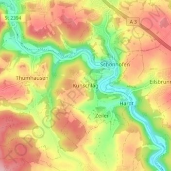 Mapa topográfico Kühschlag, altitud, relieve