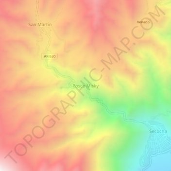 Mapa topográfico Posco Misky, altitud, relieve