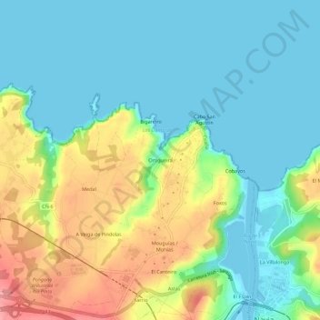 Mapa topográfico Ortiguera, altitud, relieve