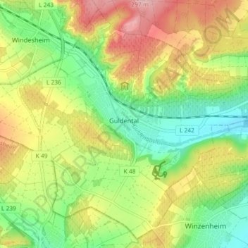 Mapa topográfico Guldental, altitud, relieve