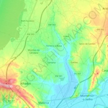 Mapa topográfico Ferreira-a-Nova, altitud, relieve