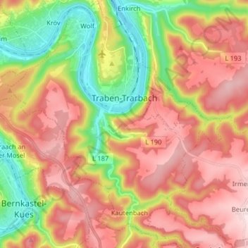 Mapa topográfico Traben-Trarbach, altitud, relieve