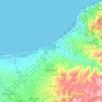 Mapa topográfico Sòssu/Sorso, altitud, relieve