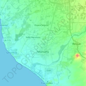 Mapa topográfico Monsefú, altitud, relieve