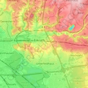 Mapa topográfico Erkrath, altitud, relieve