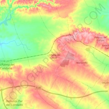 Mapa topográfico Villalba del Alcor, altitud, relieve