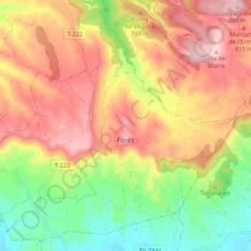 Mapa topográfico Forès, altitud, relieve