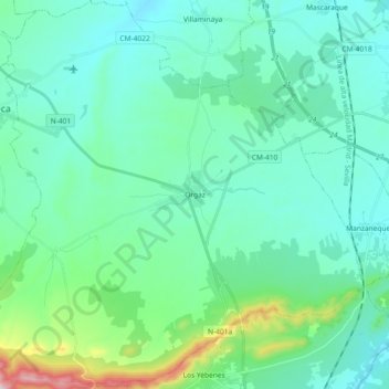 Mapa topográfico Orgaz, altitud, relieve