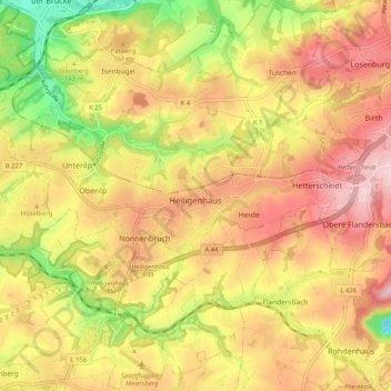 Mapa topográfico Heiligenhaus, altitud, relieve