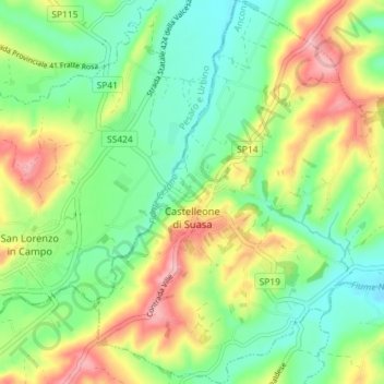 Mapa topográfico Castelleone di Suasa, altitud, relieve