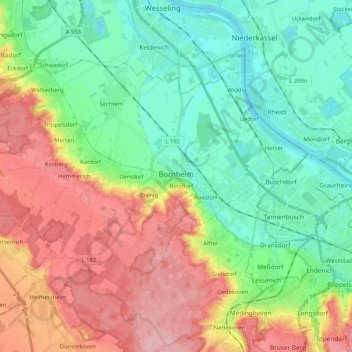 Mapa topográfico Bornheim, altitud, relieve