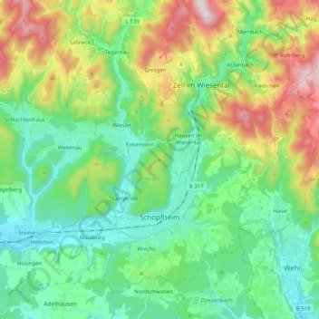 Mapa topográfico Schopfheim, altitud, relieve