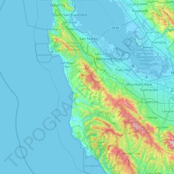 Mapa topográfico San Mateo County, altitud, relieve