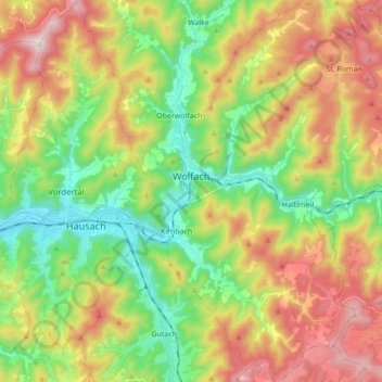 Mapa topográfico Wolfach, altitud, relieve
