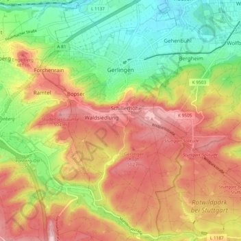 Mapa topográfico Gerlingen, altitud, relieve