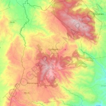 Mapa topográfico Güinope, altitud, relieve