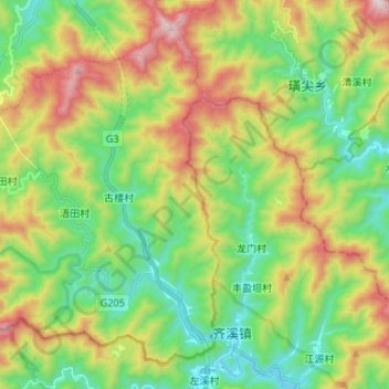 Mapa topográfico 龙田乡, altitud, relieve