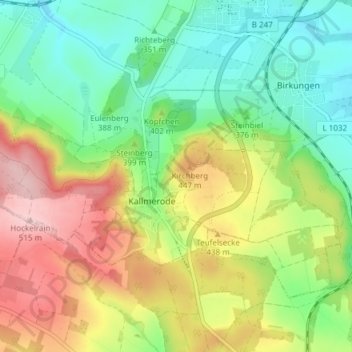 Mapa topográfico Kallmerode, altitud, relieve