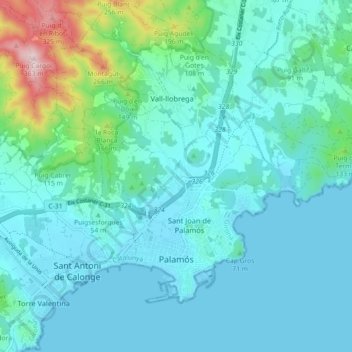 Mapa topográfico Palamós, altitud, relieve