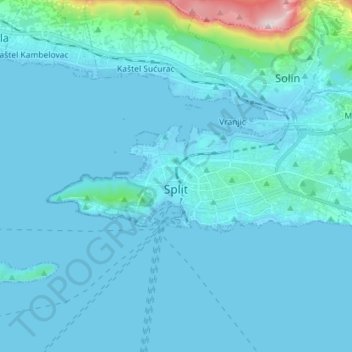 Mapa topográfico Split, altitud, relieve