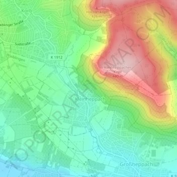 Mapa topográfico Kleinheppach, altitud, relieve