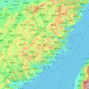 Mapa topográfico 福建省, altitud, relieve