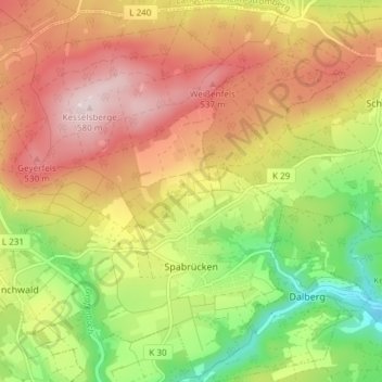 Mapa topográfico Spabrücken, altitud, relieve